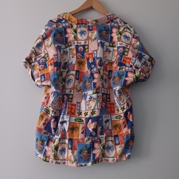 C&C California Tropical Novelty Patchwork Linen Button Front Shirt Bird Fruit Pr - Picture 2 of 6
